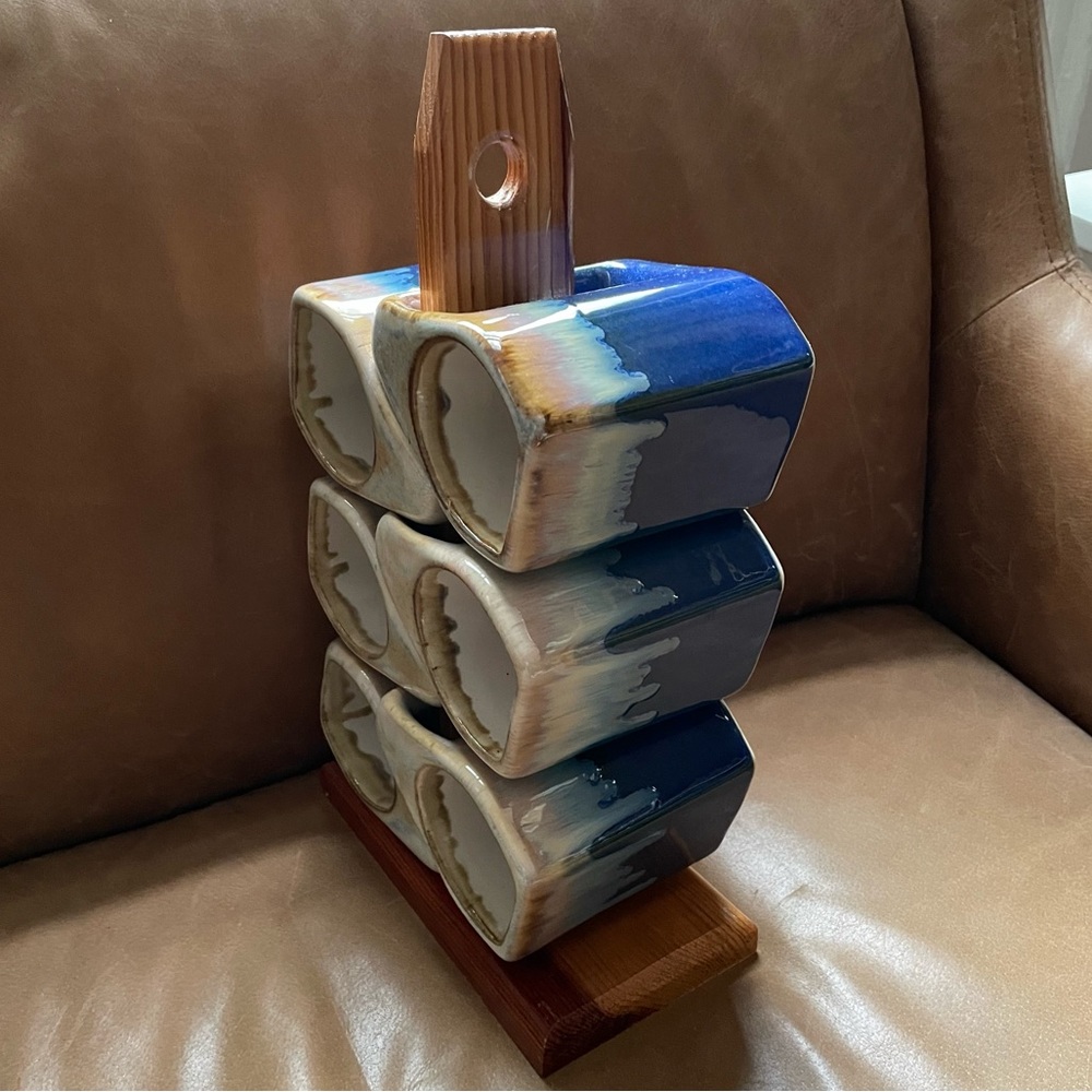 Vintage Padilla drip Glazed Stackable Mugs with Wood Stand
